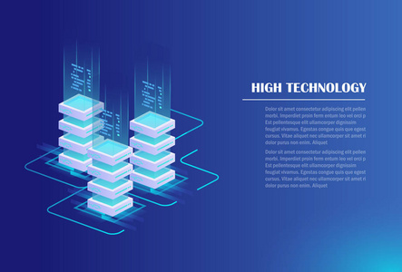 数据中心数据处理服务器机房能源站概念云存储技术。 等距矢量插图。