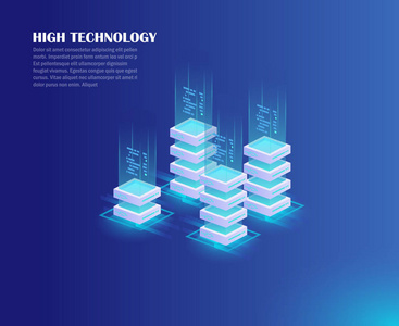 数据中心数据处理服务器室云数据存储。 高科技概念。 等距矢量插图。