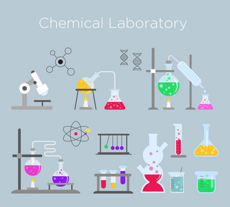 化学实验室设备的矢量插图集。平面卡通风格中各种化学溶液和反应的化学玻璃