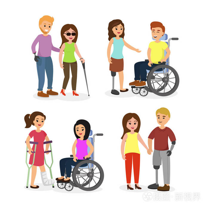 矢量插画套装残疾人与朋友, 步行和口语快乐的年轻人用轮椅和拐杖在