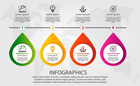 现代矢量插图3D。 具有四个元素步骤的时间线信息图形模板。 包含图标和文本。 为业务演示设计网页设计图，有4个步骤。