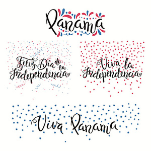 一套手写书法西班牙文字引号巴拿马独立日与星星和纸屑在旗帜颜色矢量插图。