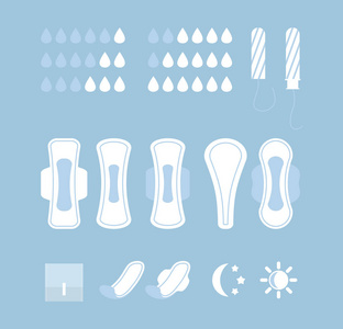 在蓝色背景下的女性卫生产品的矢量插图集。白色餐巾, 垫和卫生棉, 图表元素在平的样式收藏