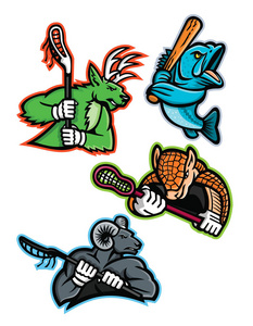 吉祥物图标插图套曲棍球和棒球体育运动队吉祥物吉祥物，如鹿和大角公羊山羊曲棍球运动员和一个大嘴低音棒球运动员在孤立的背景复古风格。