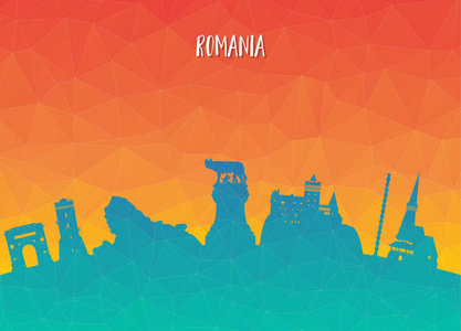 罗马尼亚标志性的全球旅行和旅程论文背景。 矢量设计模板。用于您的广告书籍横幅模板旅游业务或演示。