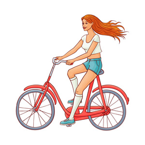 矢量可爱的女人骑老式自行车