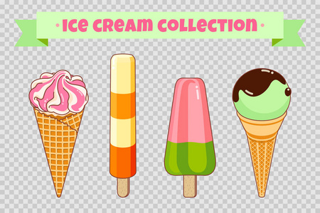 冰淇淋收集在透明的背景。五颜六色的明亮的冰淇淋, 华夫饼锥体和果子冰。卡通插图的网页, 广告, 横幅, 海报, 传单。矢量插图