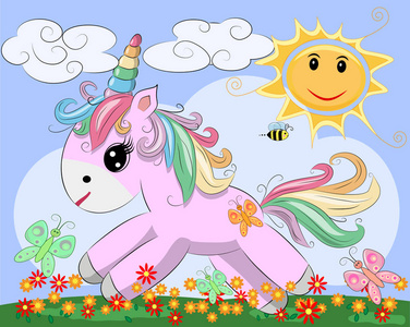 一个粉红色可爱的卡通独角兽在一片空地上有彩虹，花，太阳。明信片，春天，魔法