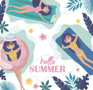 你好，夏季插图。 夏日海报与放松的女孩在海滩上。 可编辑矢量插图