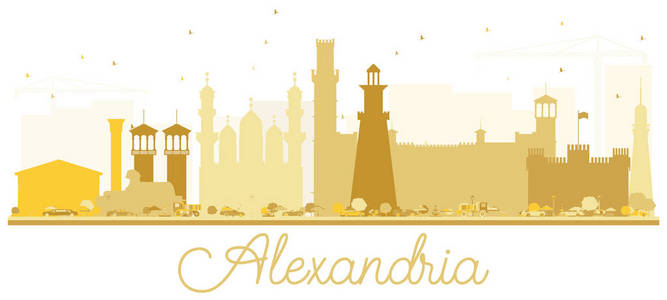 亚历山大埃及城市天际线金色轮廓。 矢量图。 简单的平面概念旅游展示横幅标语或网站。 商务旅行概念。 有地标的城市景观