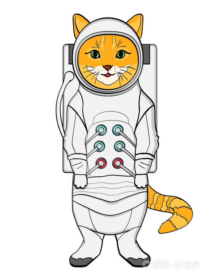在白色背景上的对象穿着宇航服和宇航员服装的红猫矢量仿漫画风格