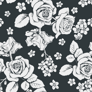 白色玫瑰和 myosotis 在黑色背景上的花朵。无缝模式。矢量 illustartion