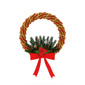 红丝带自然装饰的圣诞花圈