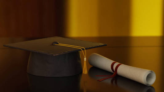 毕业帽与金色流苏和卷文凭羊皮纸与红色丝带休息在黑色反光背景。 三维插图