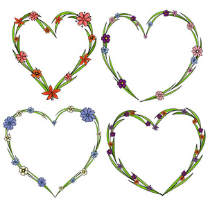 一套四朵美丽的花环, 形状为一颗心。花叶鲜花收藏精美