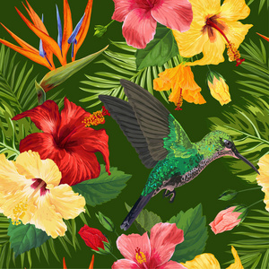 花卉热带无缝图案与异国情调的花朵和嗡嗡的鸟。盛开的花朵, 鸟类和棕榈叶背景为织物, 墙纸, 纺织品。矢量插图