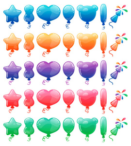 一套彩色卡通气球和烟花。彩虹糖果和光泽有趣的卡通符号。收集不同的节日符号