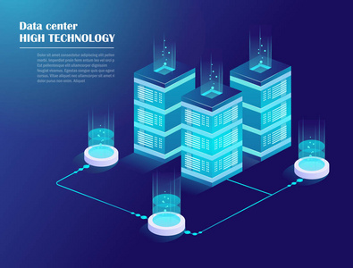 网络托管和大数据处理服务器机房机架。 数据中心云存储技术。 能源站的概念。 等距矢量插图。