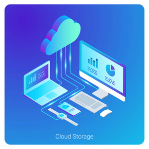 等距平云托管网络矢量插图横幅设计。 在线计算存储3D概念。 智能手表电脑手提电脑手机