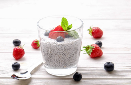  strawberry, mint, served in glass. Healthy vegetarian breakfast