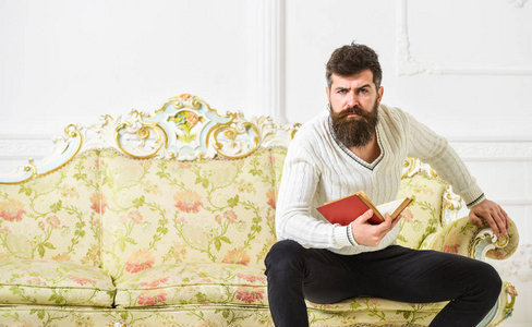 男子胡子和胡子坐在巴洛克风格的沙发上, 持有书籍, 白色的墙壁背景。对文学概念的反思。他在想文学男子气概严格的脸读完书