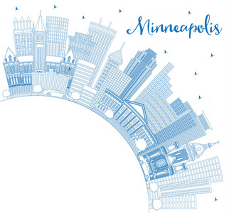 勾勒明尼阿波利斯明尼苏达天际线与蓝色建筑和复制空间。 矢量图。 现代建筑的商务旅游和旅游理念。 明尼阿波利斯美国城市景观与地标。