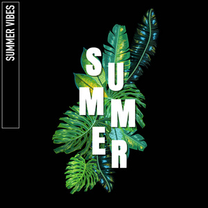 你好夏季热带设计与棕榈叶。海滩度假海报, 横幅。热带植物花卉背景的 t恤, 传单, 封面。矢量插图