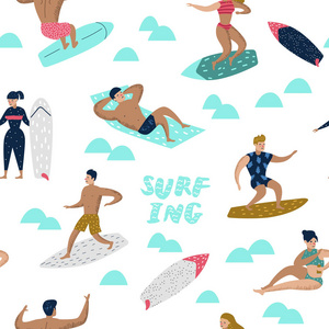 无缝模式与字符的人在海滩冲浪。男人和女人卡通冲浪者。水运动概念。矢量插图