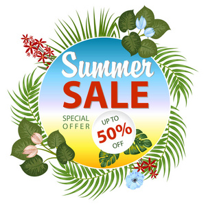 夏季销售横幅与热带树叶白色背景异国情调花卉设计横幅传单邀请海报网站或贺卡。 矢量图。