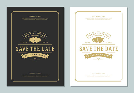 婚礼保存日期邀请卡矢量插图。 婚礼邀请标题复古设计。 金色的风格。