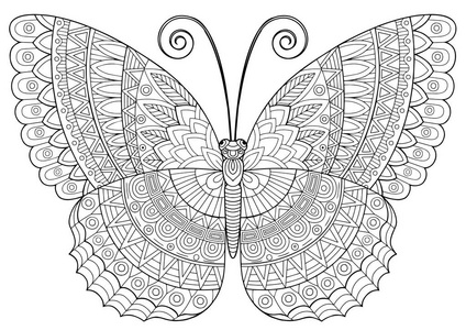 白色背景上蝴蝶的矢量黑白图像。 手绘蝴蝶散心风格的t恤设计或纹身。