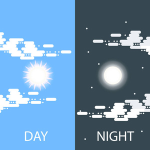 日夜矢量平面插图或横幅。 太阳和月亮。 白天和夜晚的太阳和月亮都有云。 平面插图的天空和天气广播云和生命周期和周期的横幅移动应用
