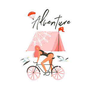 手绘矢量抽象卡通夏季时间图形插图艺术模板标志背景与女孩骑自行车, 露营帐篷和现代版式冒险孤立的白色背景