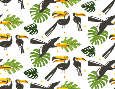 手绘矢量抽象卡通夏季时间图形插图与巨嘴鸟鸟类和异国情调的热带棕榈树叶在白色背景下的艺术无缝图案