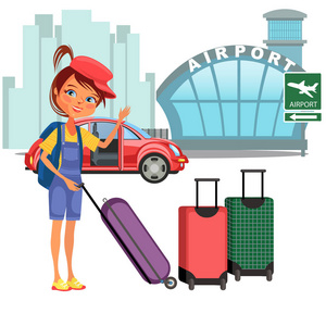 Womanan 和她的行李来了汽车和准备飞行, 自动转到机场建设矢量插图, 女孩持有的旅行箱为航空公司旅游