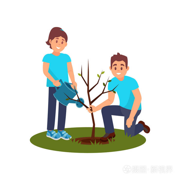男人抱着幼苗 女人浇水.在花园工作的人.平面矢量设计
