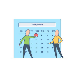 时间管理和规划概念在大日历上用红色标记日期的平面卡通字符