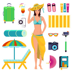 准备夏季海滩假期, 度假。一个穿着泳衣的女孩, 海滩休息 帽子, 太阳镜, 贵妃椅, 相机, 自拍棒, 书, 风扇, 手提箱。