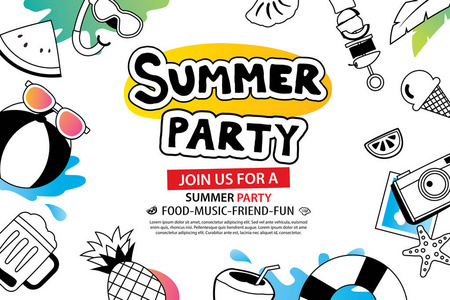 夏季派对与涂鸦图标和设计白色背景。 邀请海报手绘风格。 用于标签卡片标签徽章传单横幅矢量插图。
