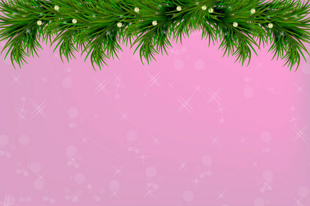 背景与矢量圣诞树树枝和空间的文本。 现实的杉树边界框架在闪闪发光的背景圣诞卡横幅传单派对海报。