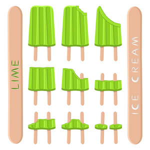矢量插图标志天然石灰冰淇淋在棍子上。 冰淇淋图案由甜的冷冰淇淋组成，设置美味的冷冻甜点。 新鲜水果冰淇淋，绿色异国情调的柠檬在棍