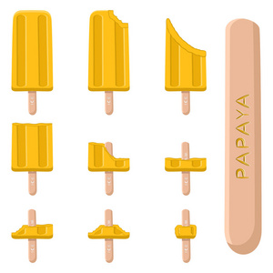 矢量插图标志天然木瓜冰淇淋在棍子上。 冰淇淋图案由甜的冷冰淇淋组成，设置美味的冷冻甜点。 新鲜水果冰淇淋，异国情调的黄色木瓜。