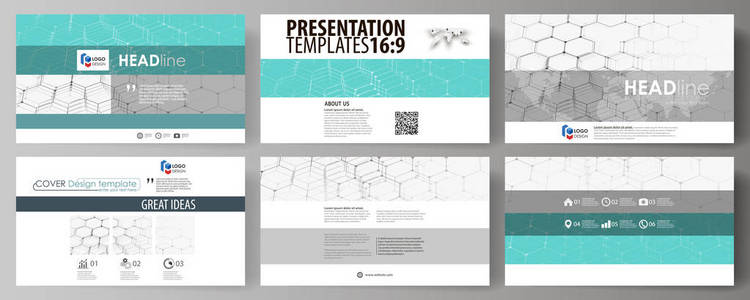 业务模板在高清格式演示文稿的幻灯片。在平面设计中的抽象矢量布局。化学模式，六角形分子结构上蓝色。医学 科学和技术概念