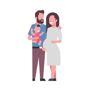 怀孕的母亲父亲抱着婴儿的儿子全长头像在白色背景, 成功的家庭概念, 平面卡通