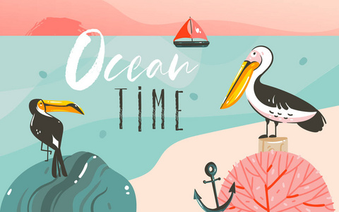手绘矢量抽象卡通夏日时光图形插图艺术模板背景与海洋海滩风景, 秀丽巨嘴鸟和鹈鹕鸟, 日落与海洋时间排版引述