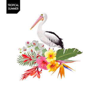 热带夏季设计与鹈鹕鸟和异国情调的花朵。水鸟与热带植物和棕榈叶的 t恤, 打印。矢量插图
