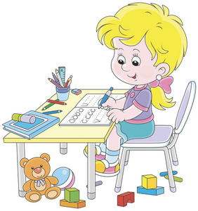 一个小女孩在作业本中做作业，作业样本为文字，卡通风格的矢量插图