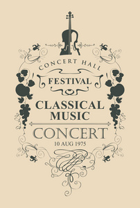 一场古典音乐音乐会的矢量海报，在米色背景上放置带有复古风格的文本木偶和小提琴的地方