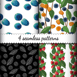 一套四个无缝的夏季模式与成熟的覆盆子和叶子。 矢量图。 纺织品标签设计海报横幅