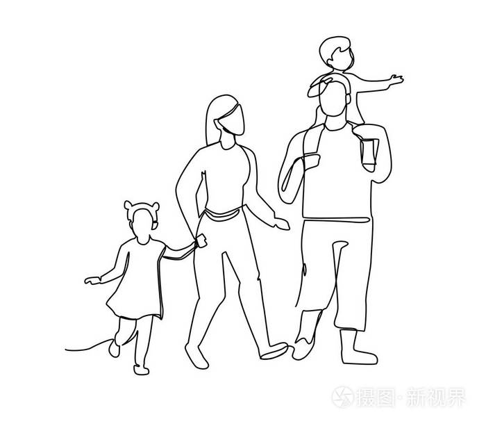 插画 连续线父母与孩子一起散步.一行幸福的家庭.轮廓的人户外.